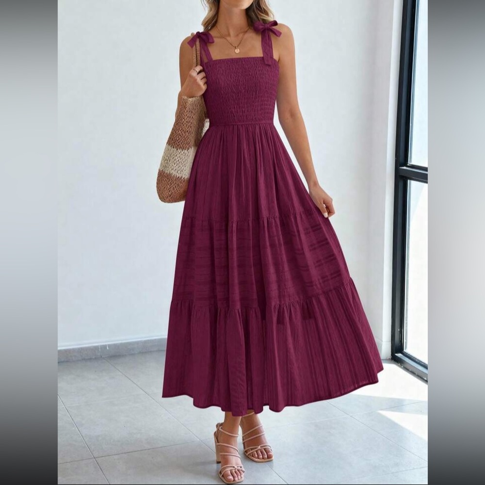 Sleeveless Smocked Maxi Dress with Tie Straps - Burgundy